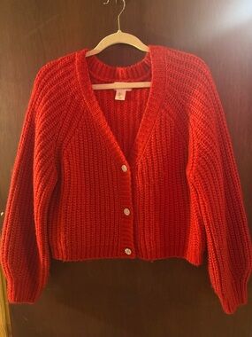 Jessica Simpson Bright Red Chunky V-Neck Button Cardigan